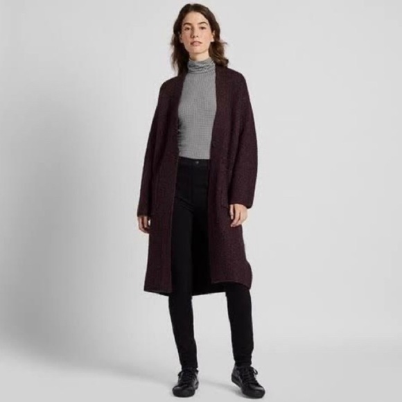 UNIQLO Woven Tweed Knitted Coat in Wine - Picture 4 of 8